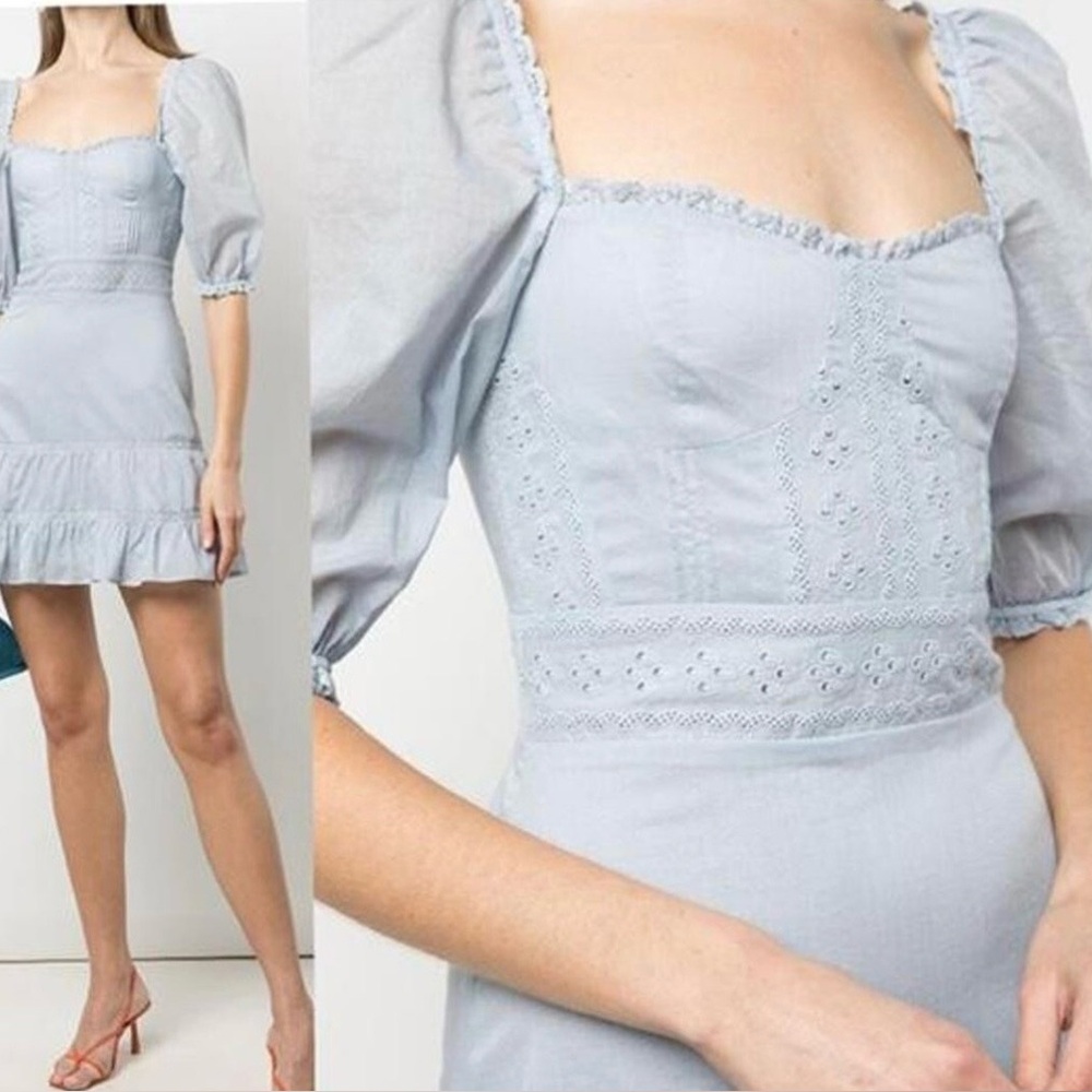 Reformation Paxton Puff Sleeve Lace Embroidered Mini Dress in Blue B783